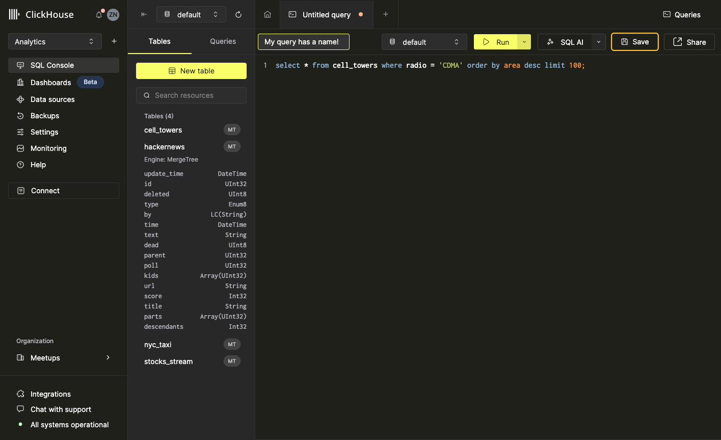 Интерфейс, показывающий, как переименовать запрос с Untitled Query